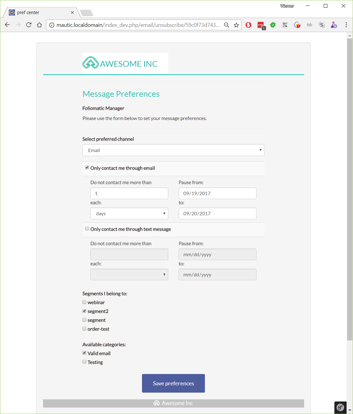 Customização da Central de Preferências do Contato